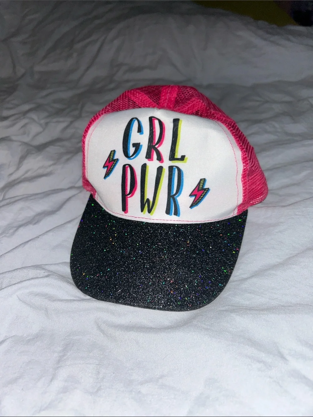 Kids Pink 'GRL PWR' Mesh Trucker Hat with Black Glitter Visor